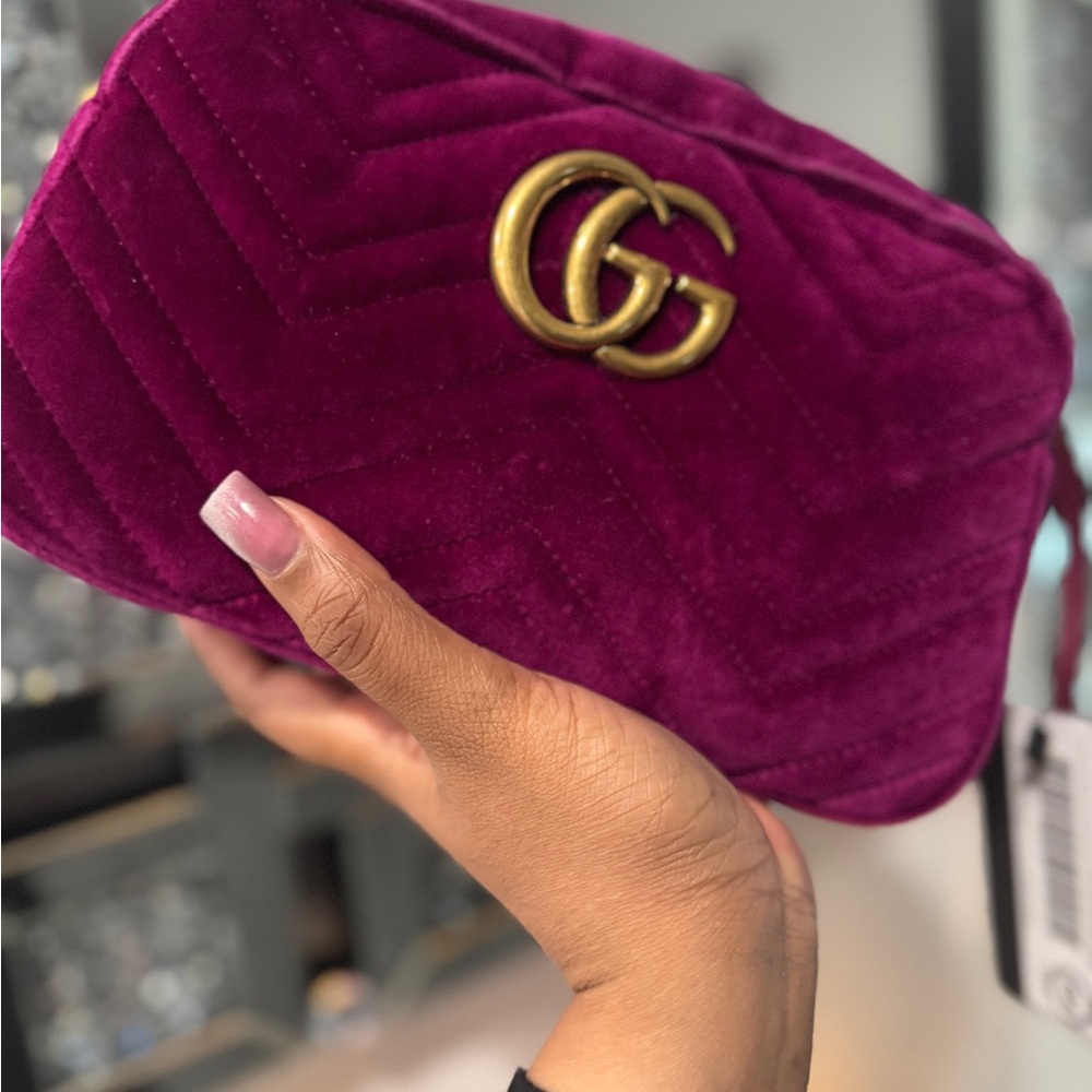 Gucci Purple Crossbody Bag with Gold Logo and Plush Velvet Texture